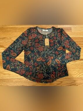 Natural Life Sloane Mesh Long Sleeve Green Floral Top Women’s Size Large